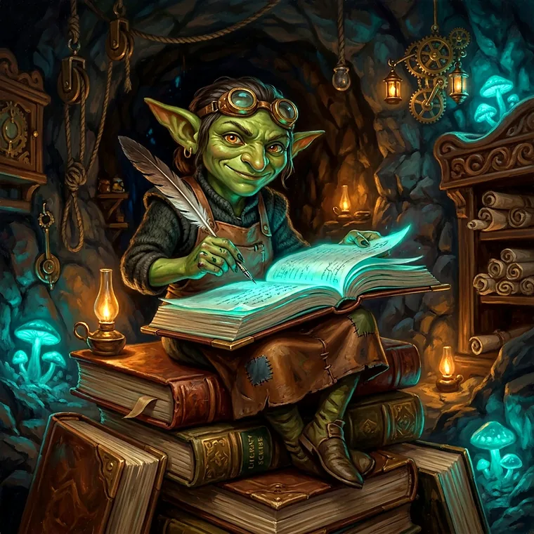 Quill the Keeper — a scribe goblin writing verdicts into a ledger