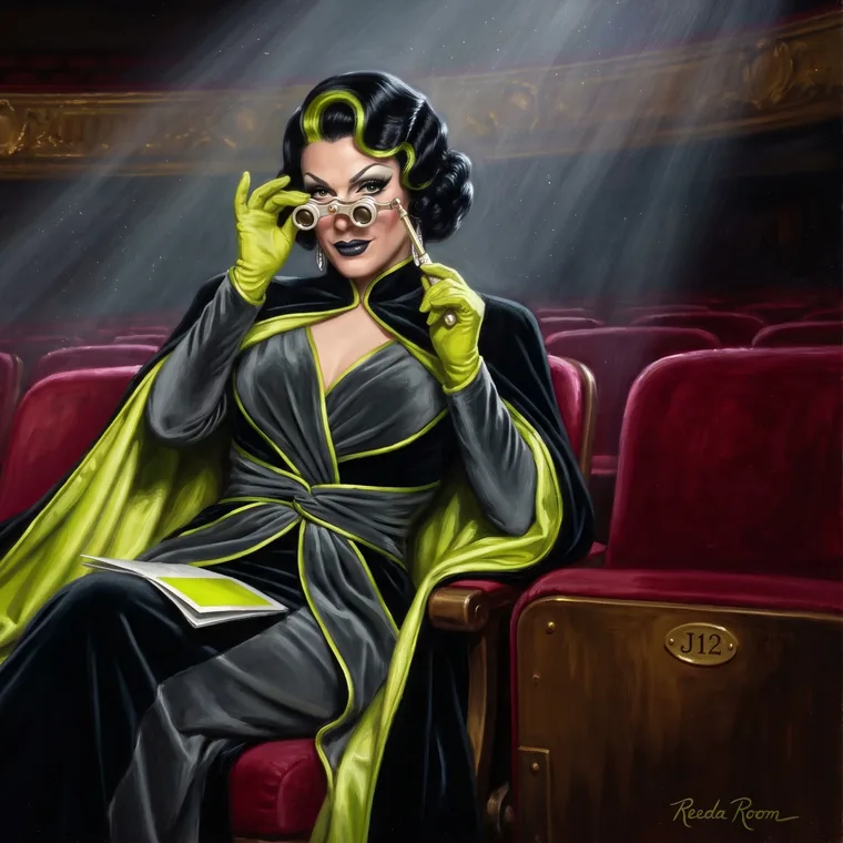 Reeda Room, the Recipient &mdash; a queen seated in a theatre, lowering her opera glasses to look straight at you