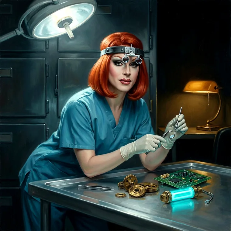 Dr. Skully, the Examiner — a forensic coroner in scrubs and surgical loupes