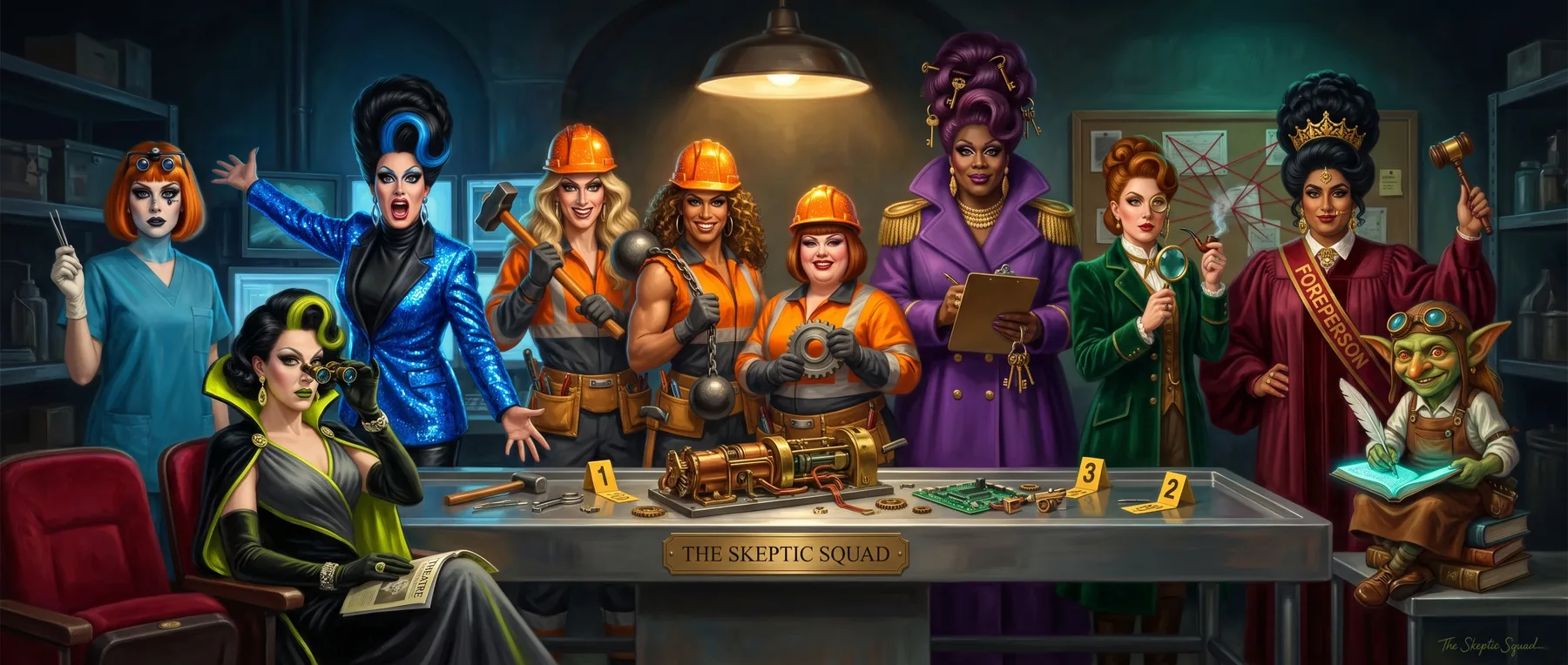 The Skeptic Squad: the eight members — ten queens in all, the Wrecking Crew being a trio — gathered around an examination table in a dark examination room